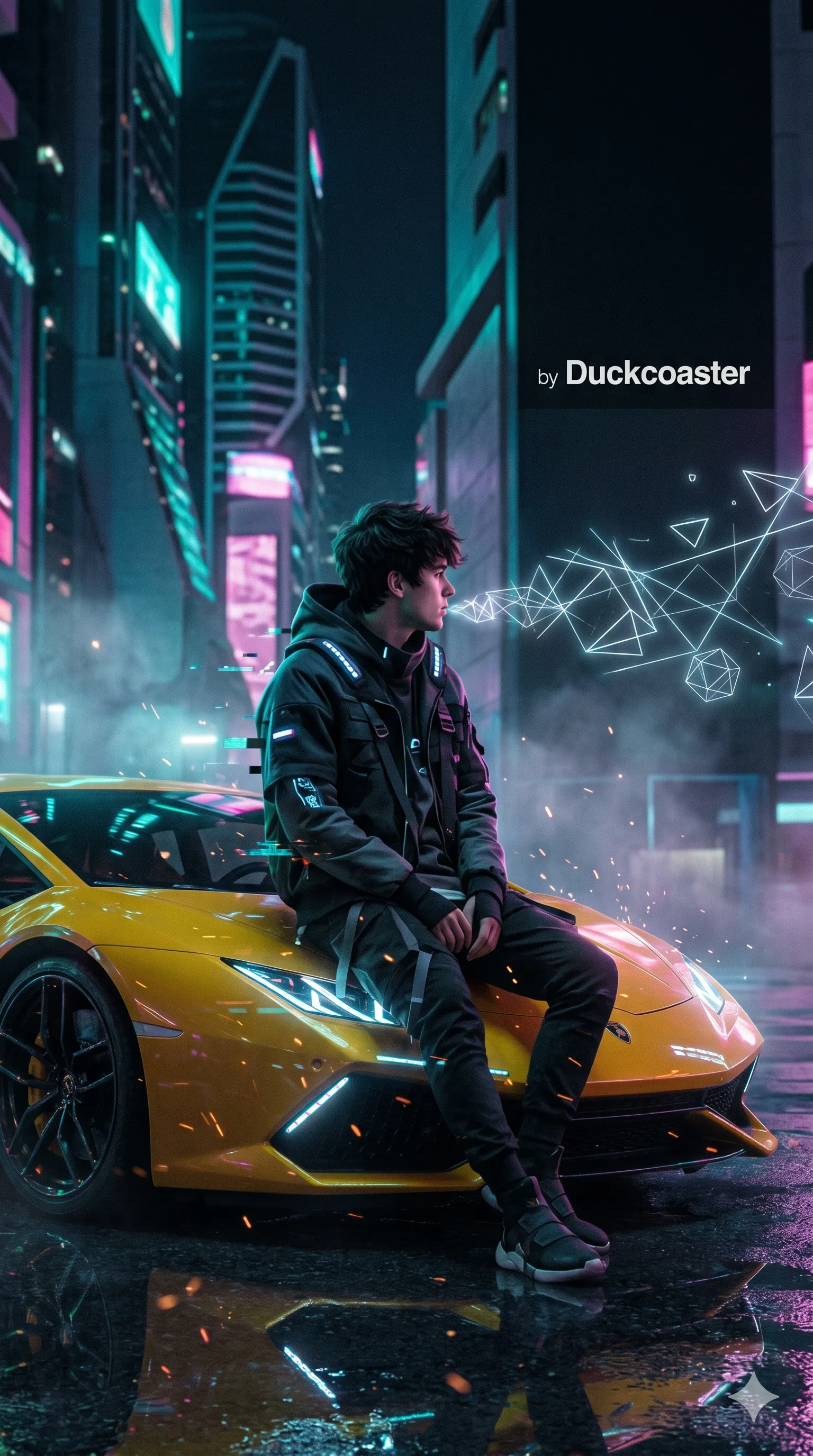 Nano Banana 2 prompt | Neon Drift: Cyberpunk Hood Ornament Moment