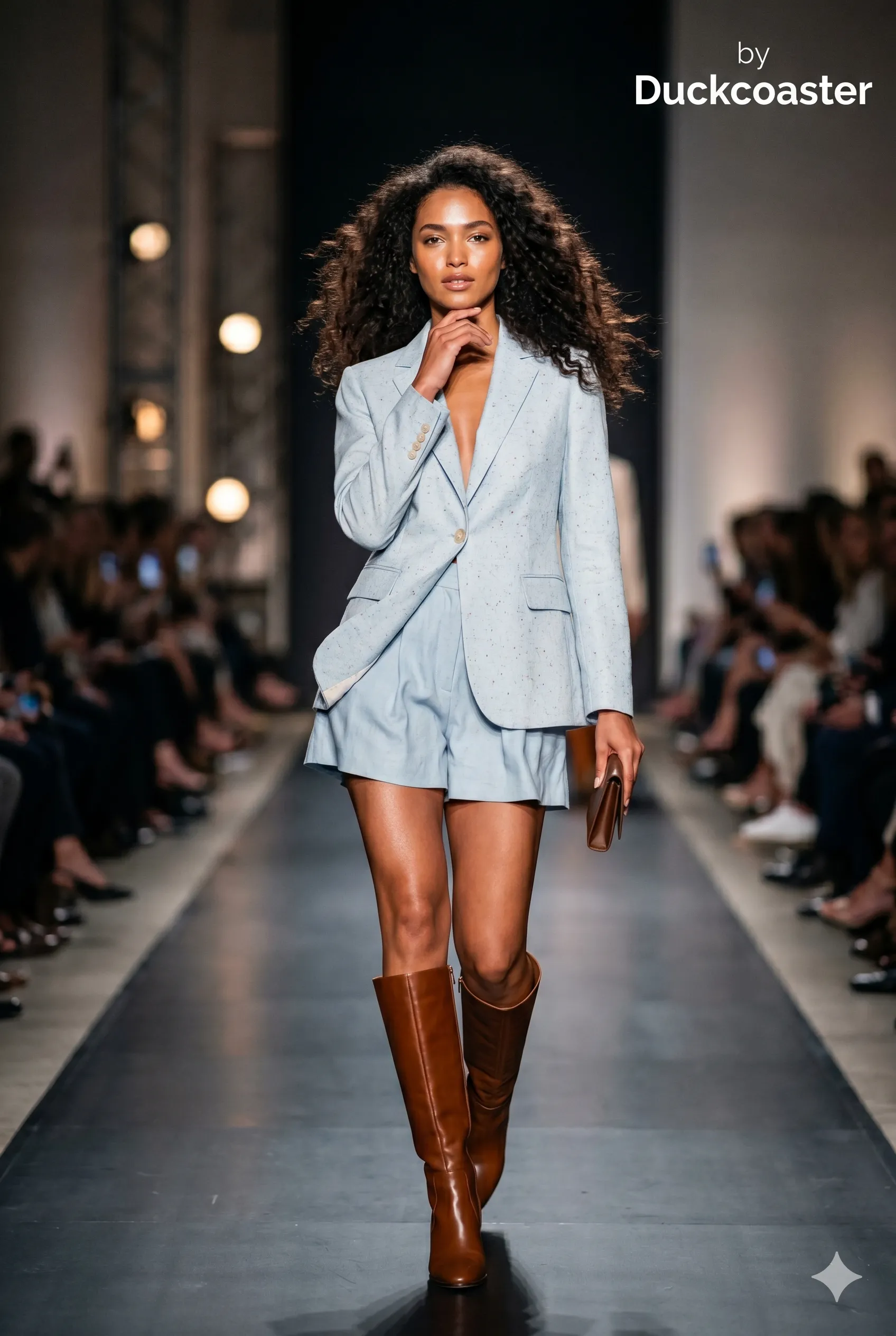 Nano Banana 2 prompt | Pastel blue tailored blazer on runway Poise