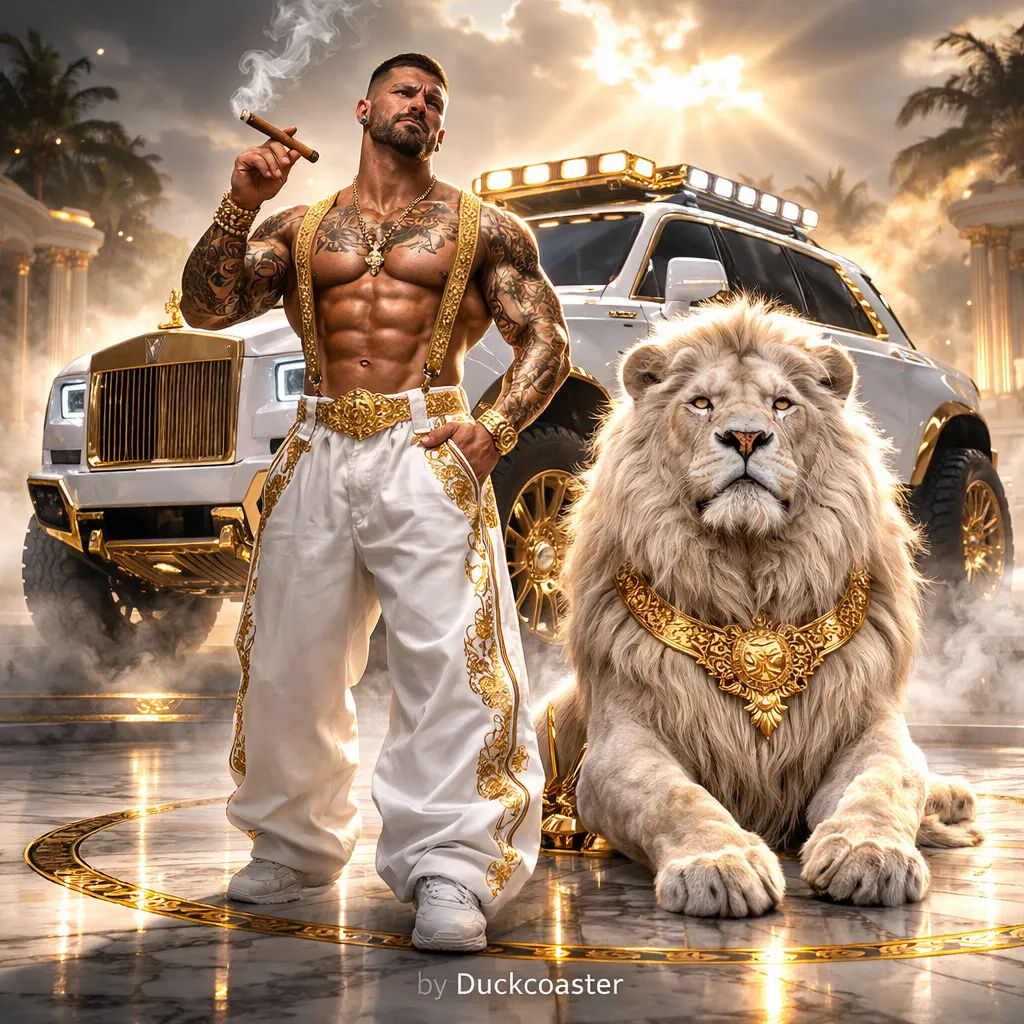 Dall E prompt | Golden MMA Fighter with White Lion in Luxury Scene