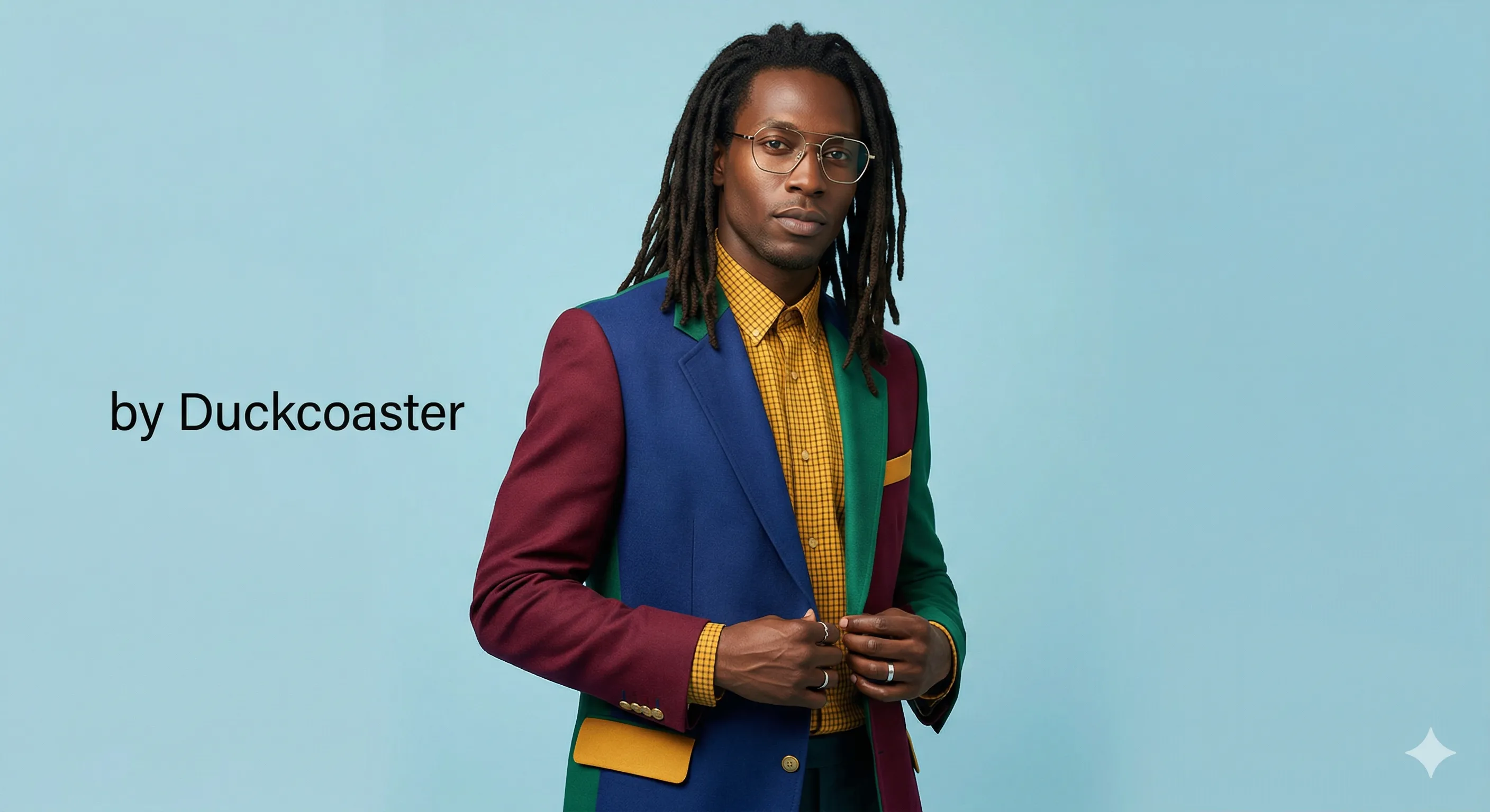Nano Banana 2 prompt | Man in his 30s, athletic build, dark skin, with well-groomed long dreadlocks, he wears modern vintage glasses, outfit inspired by maximalist editorial fashion.