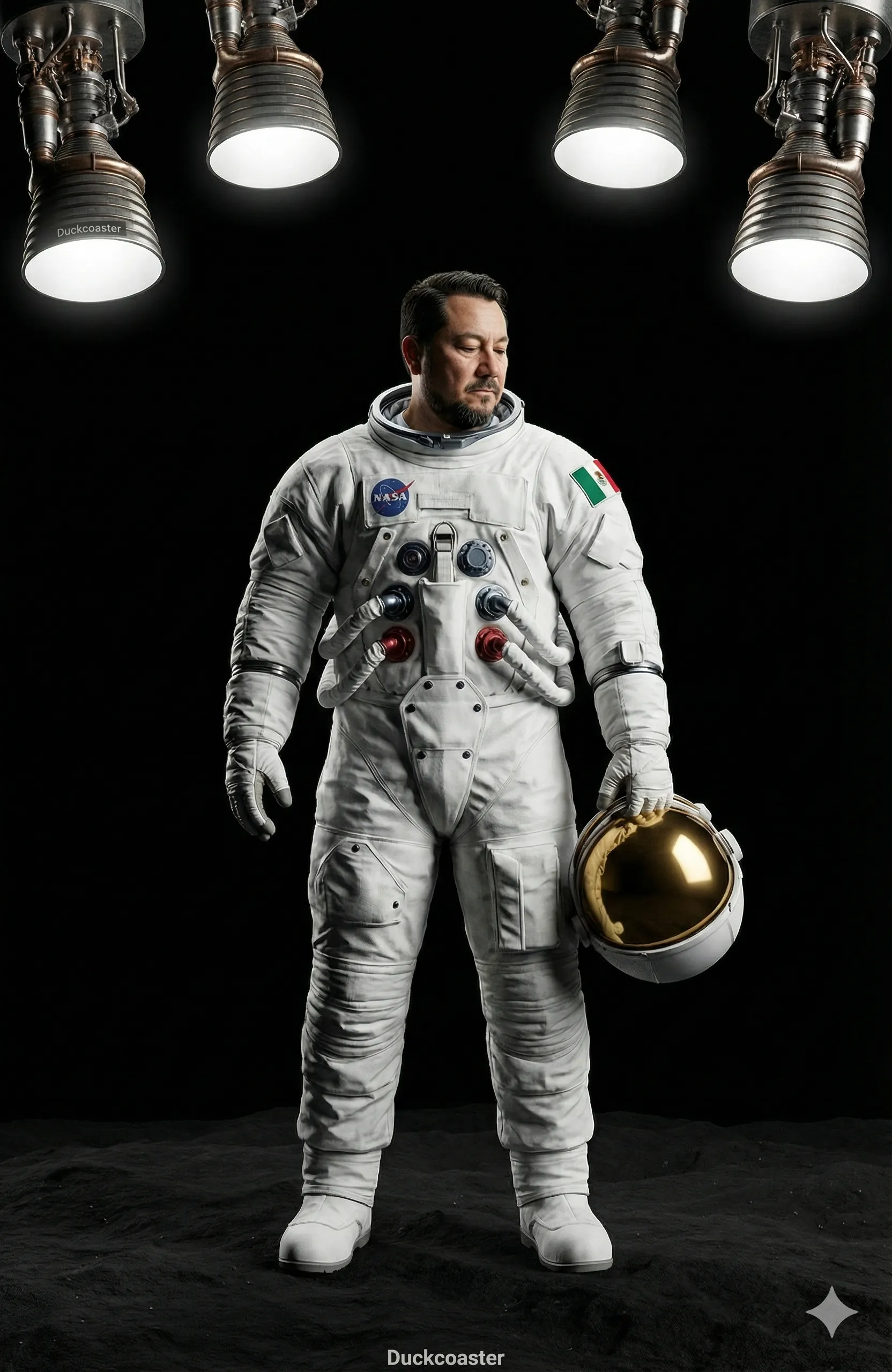 Nano Banana 2 prompt | Astronaut and Formula 1 driver photo studio with custom Lamps.