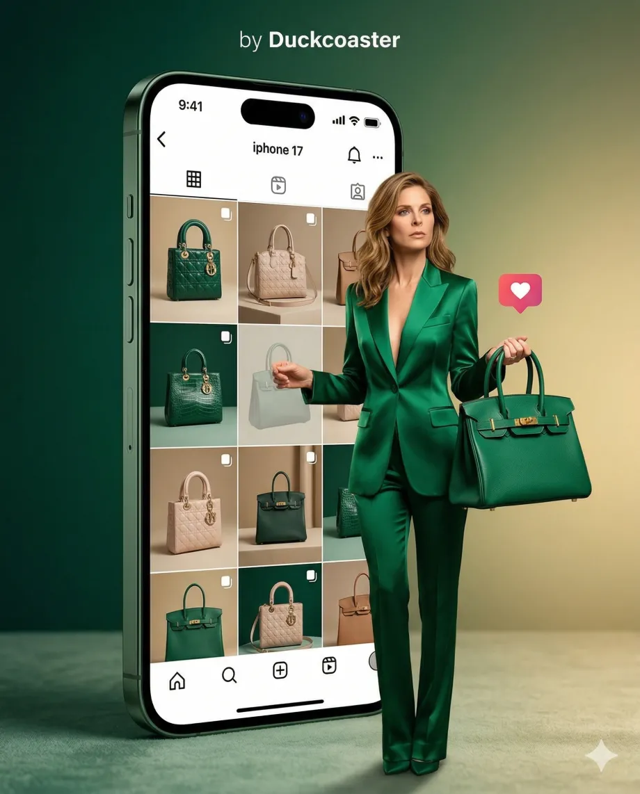 Nano Banana 2 prompt | Elegant woman on emerald green designer handbag, luxury campaign aesthetic.
