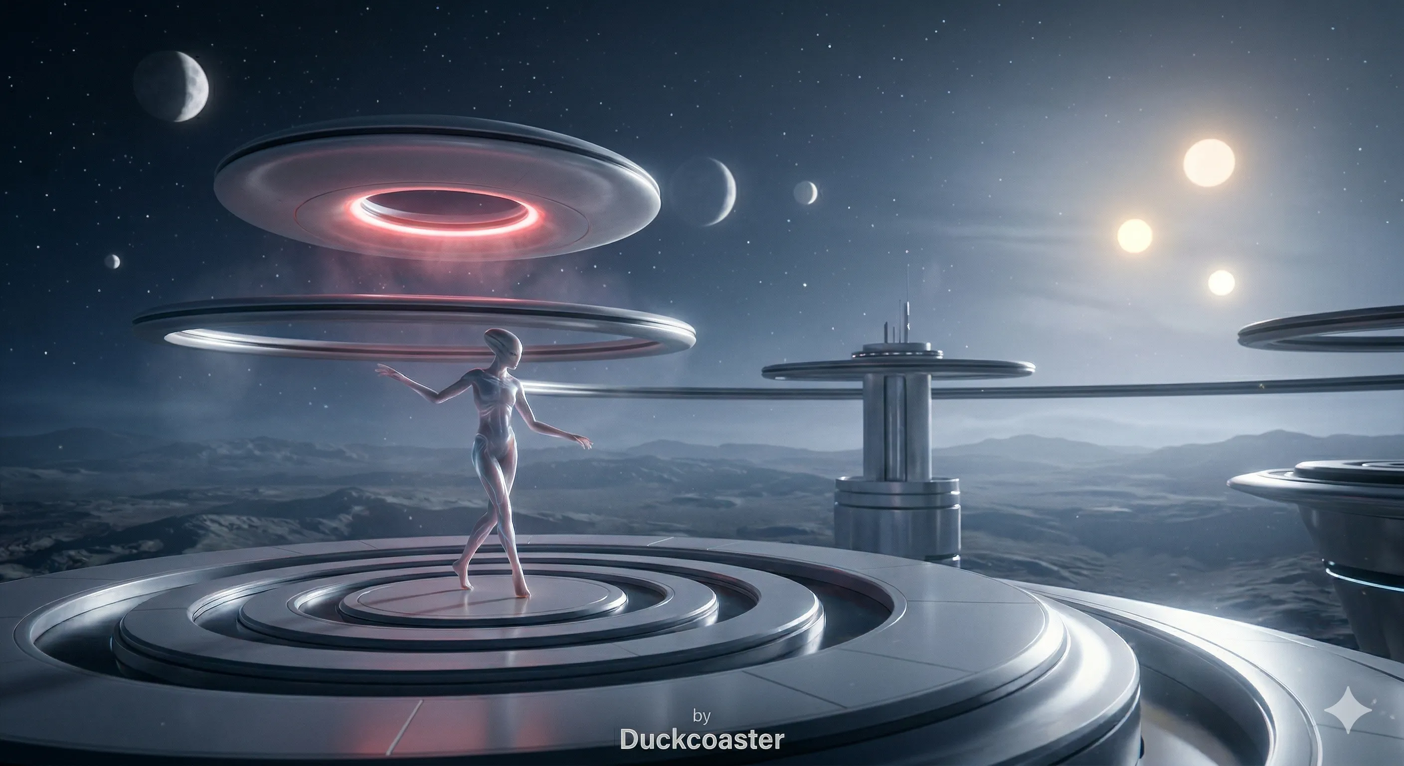 Nano Banana 2 prompt | A cinematic alien night scene on a distant planet, featuring an elegant humanoid Its movements are graceful and balanced, almost like a ritual or dance.